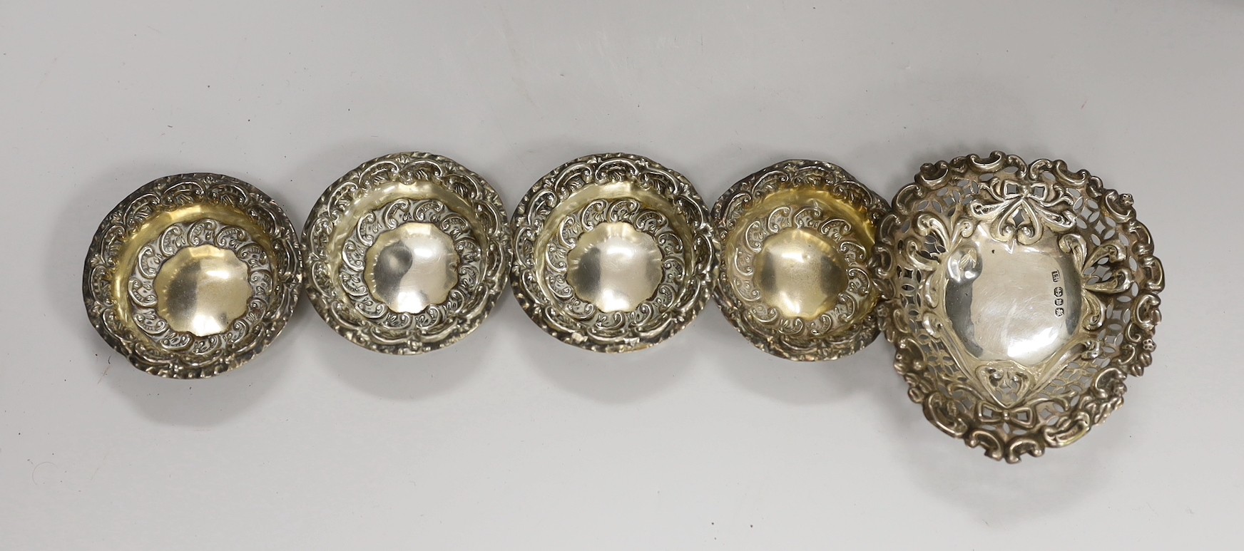 A group of plated wares including an Elkington dish and pierced silver Bon Bon dishes